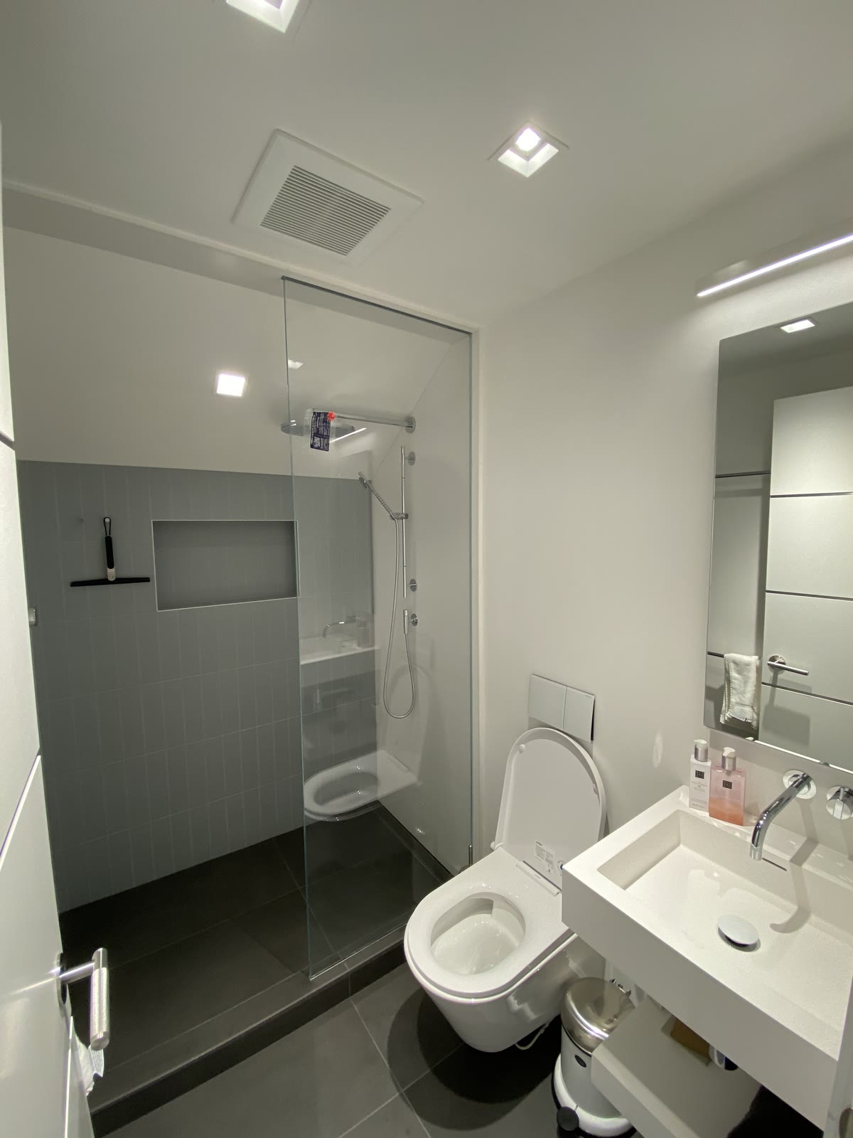 A white powder room with a wall-hung toilet, a floating sink and a glass-walled shower